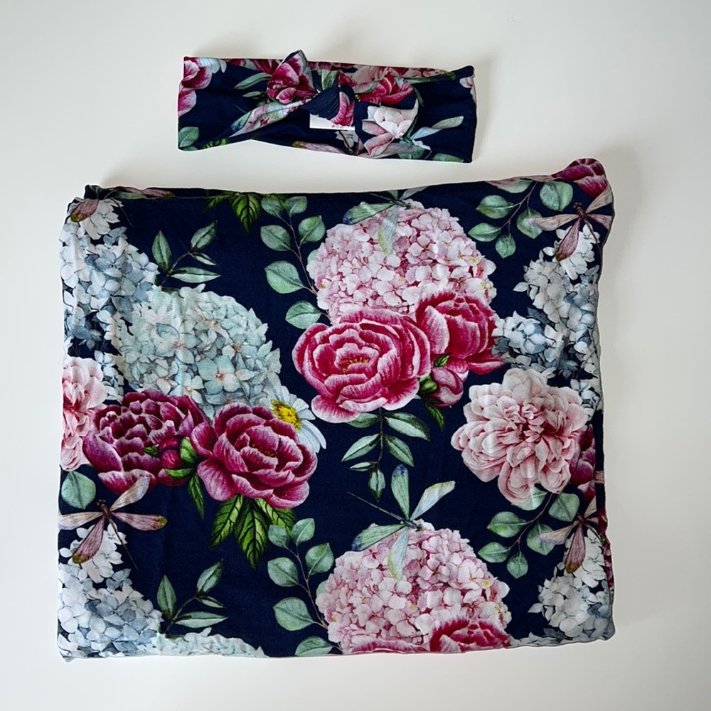 Posh Peanut Floral Blanket and Headband Set - Pink and Blue